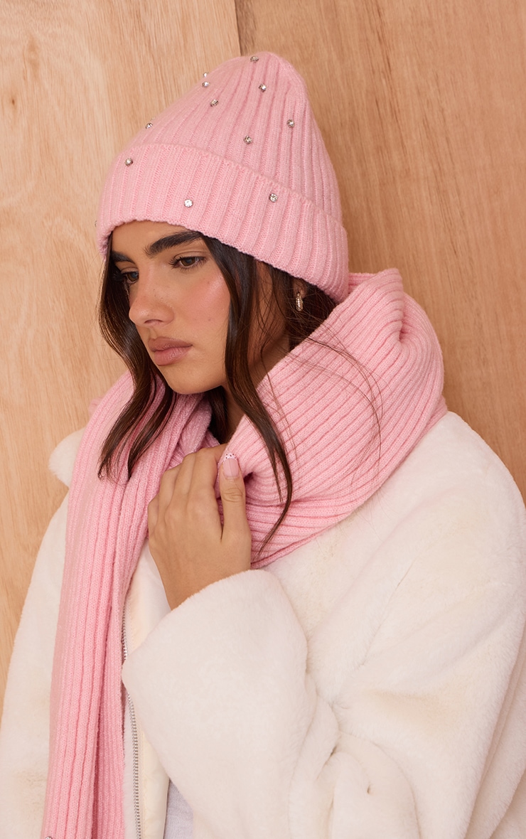 Pink Ribbed Diamante Fold Over Beanie image 1