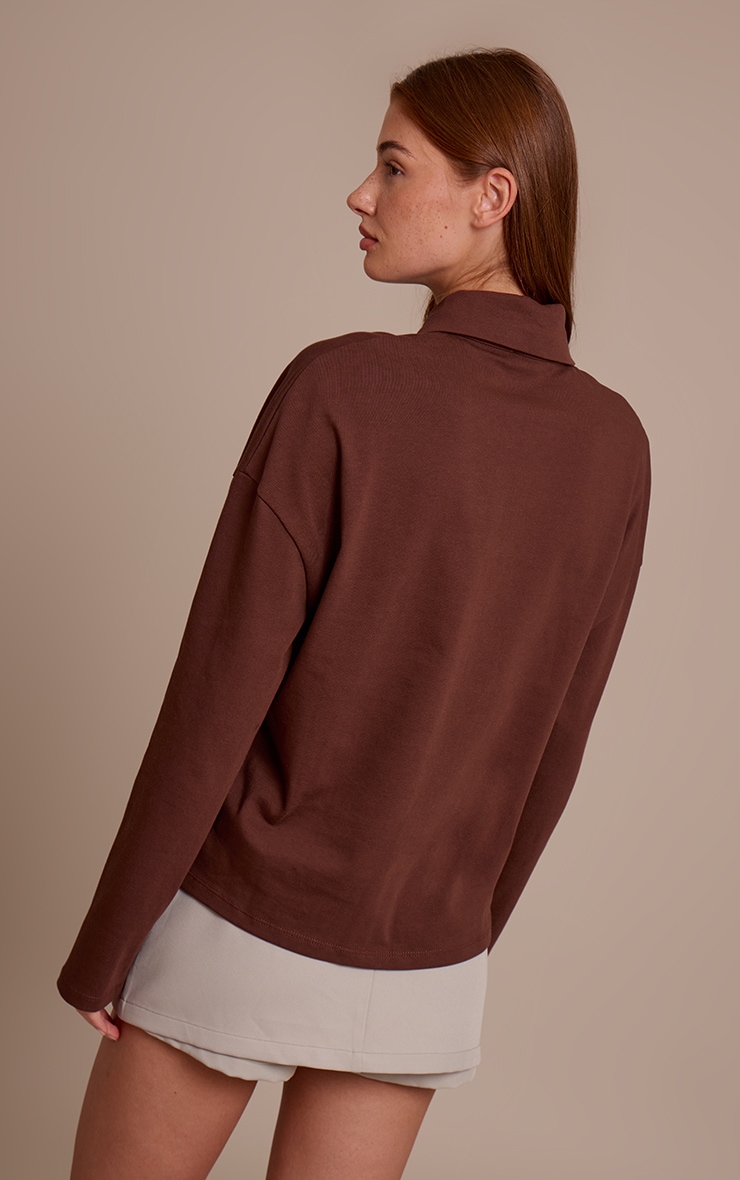 Chocolate Cotton Polo Collar Long Sleeve Top image 2