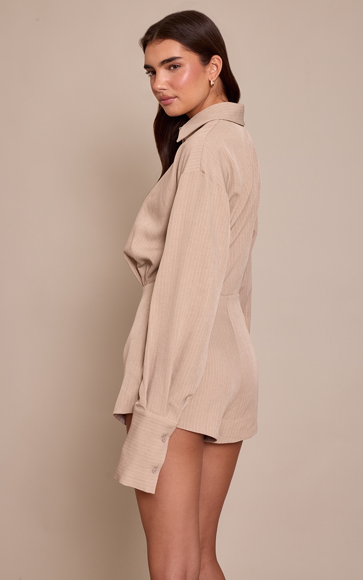 Stone Woven Pinstripe Long Sleeve Button Up Playsuit image 2
