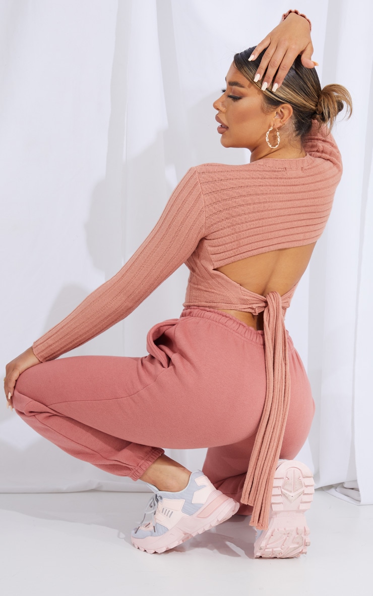 Pink Knot Back Detail Ribbed Knitted Crop Top