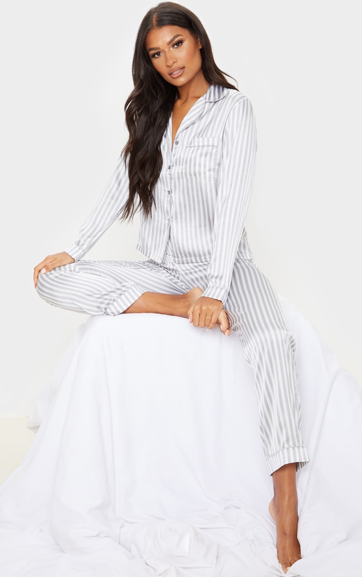 Grey Striped Satin Button Up Long PJ Set
