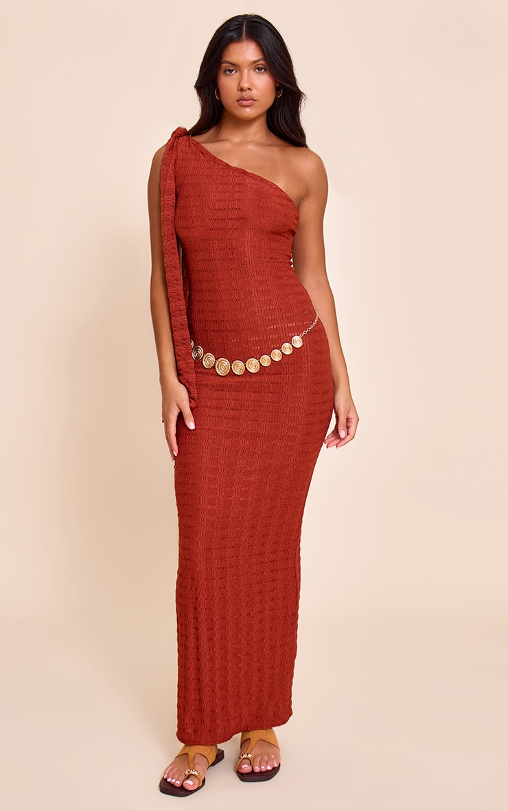 Rust Textured One Shoulder Drape Detail Maxi Dress image 1