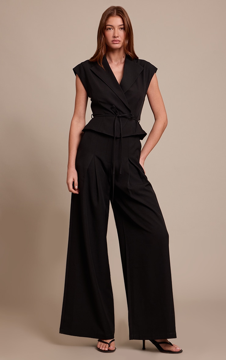 Black Tailored Woven Tie Waist Wide Leg Jumpsuit