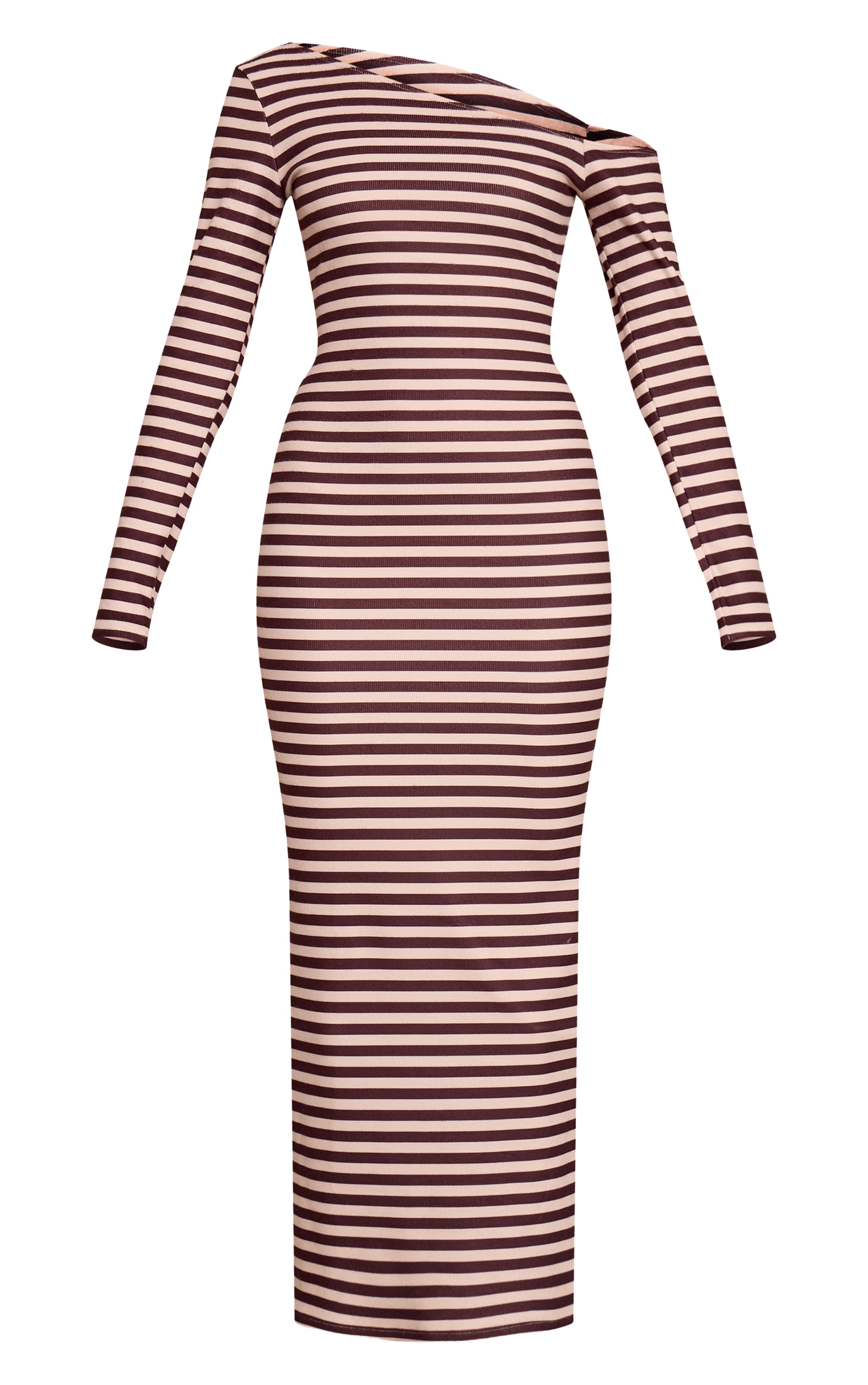 Chocolate Striped Brushed Rib Striped Asymmetric Long Sleeve Maxi Dress image 5