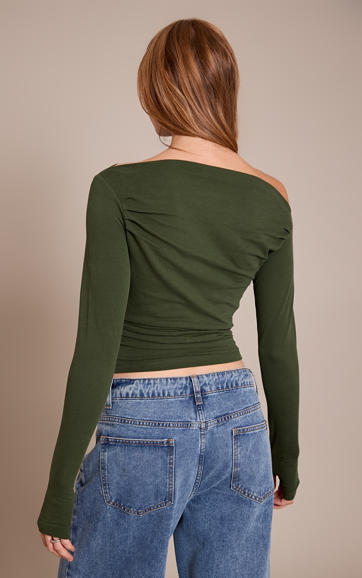 Dark Khaki Soft Cotton Ruched Asymmetric Long Sleeve Top image 2
