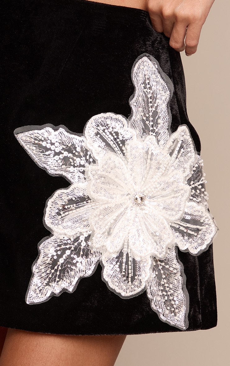 Black Velvet Floral Applique Embellished A-Line Mini Skirt image 5