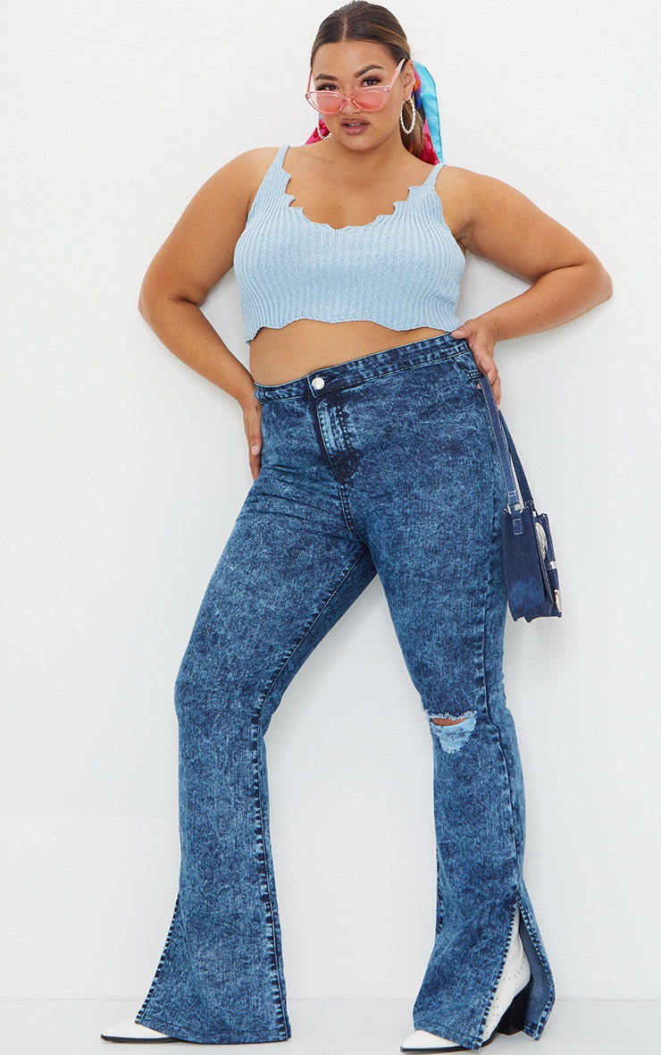 Plus Acid Blue Wash Knee Rip Flared Jeans