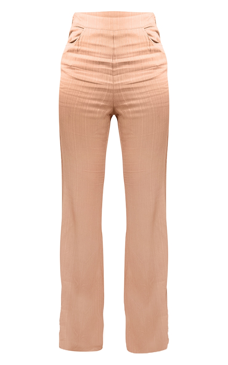 Pantalon jambes évasées camel à rayures texturées et poches image 5
