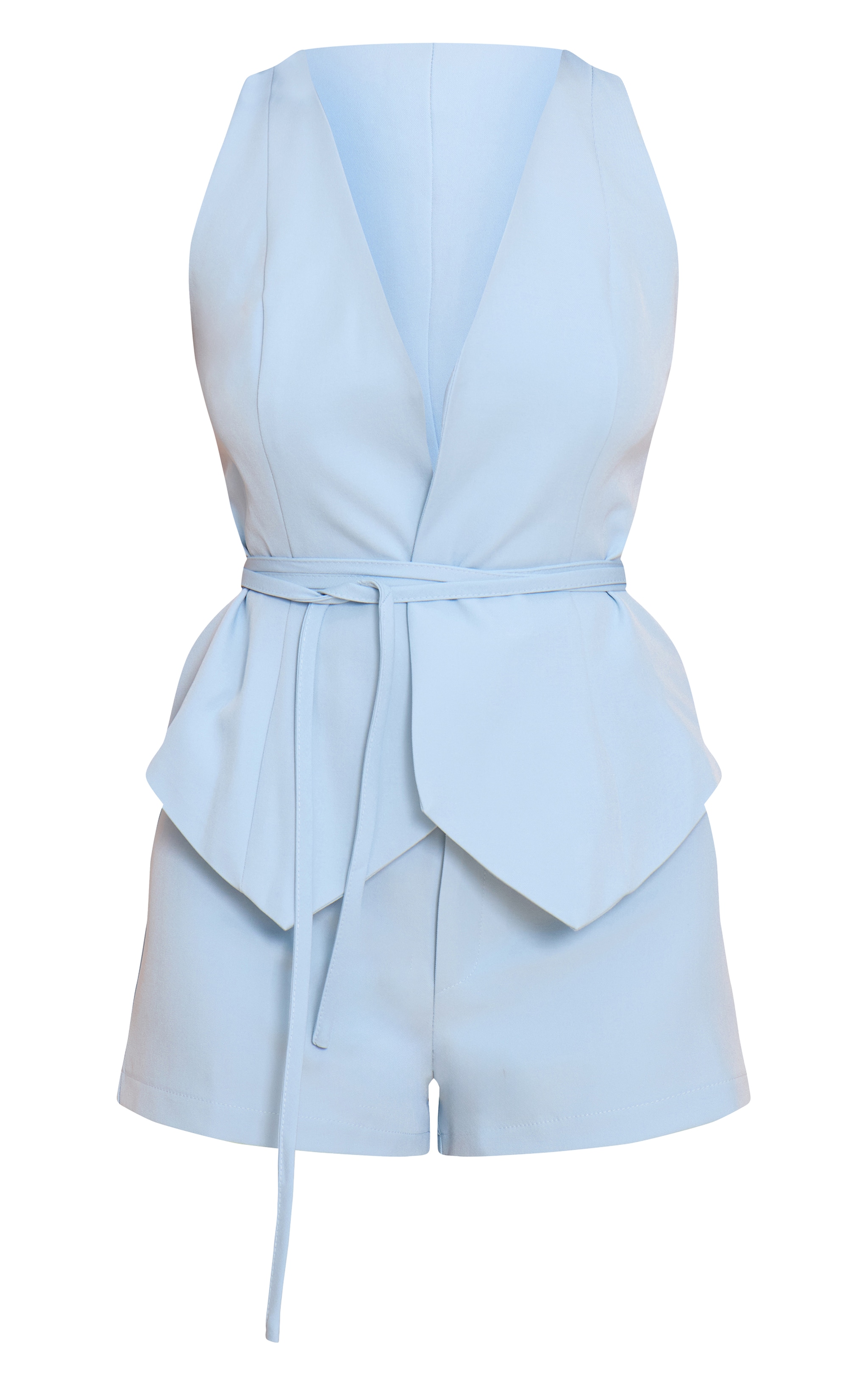 Combishort tissé bleu à détail gilet et taille nouée image 5
