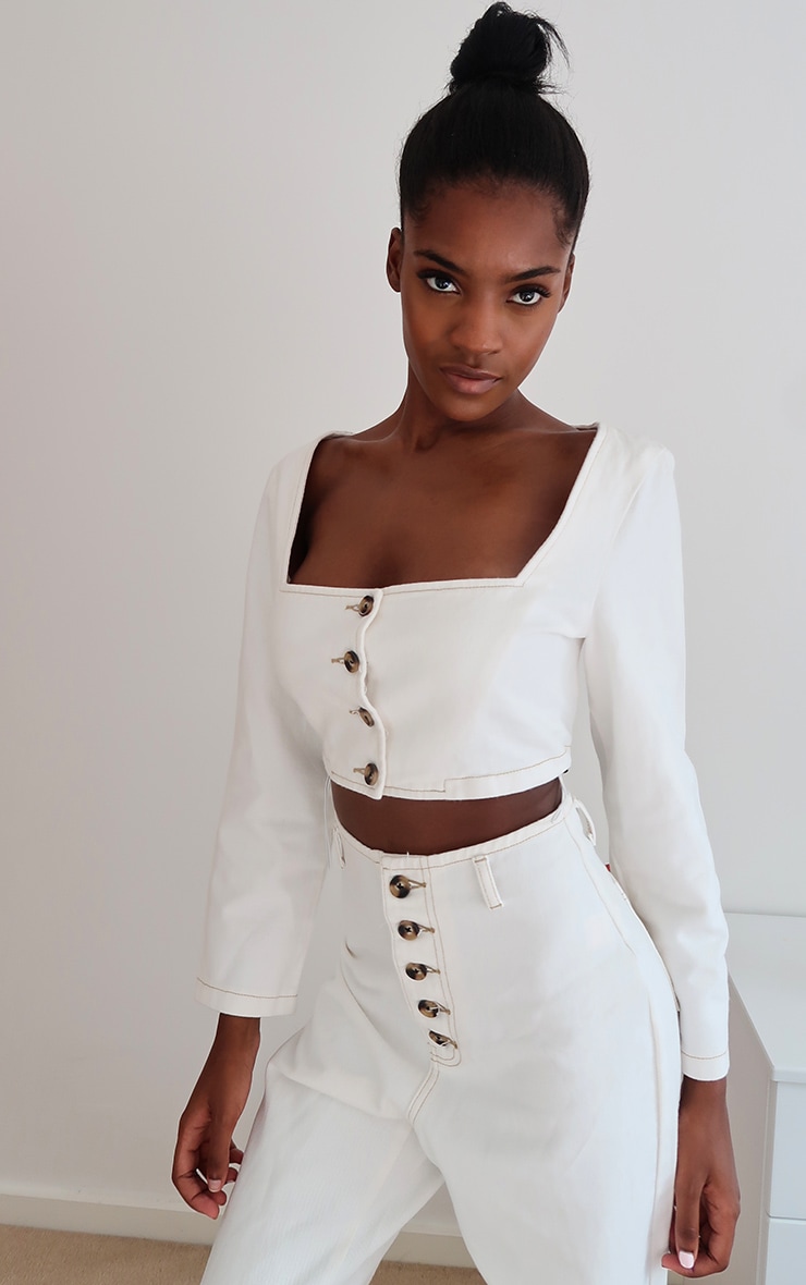 Ecru Tortoise Button Front Denim Crop Top