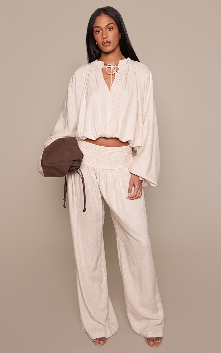 Tall Beige Linen Ruched Waistband Trousers