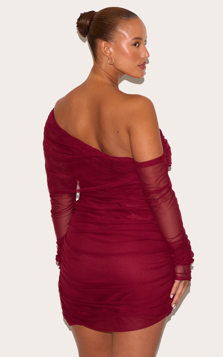 Plus Burgundy Layered Mesh Asymmetric Long Sleeve Mini Dress image 2