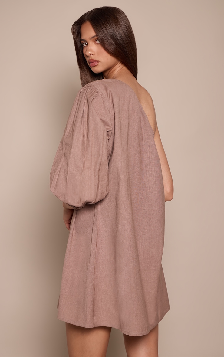 Taupe Linen Look One Shoulder Shift Dress image 2