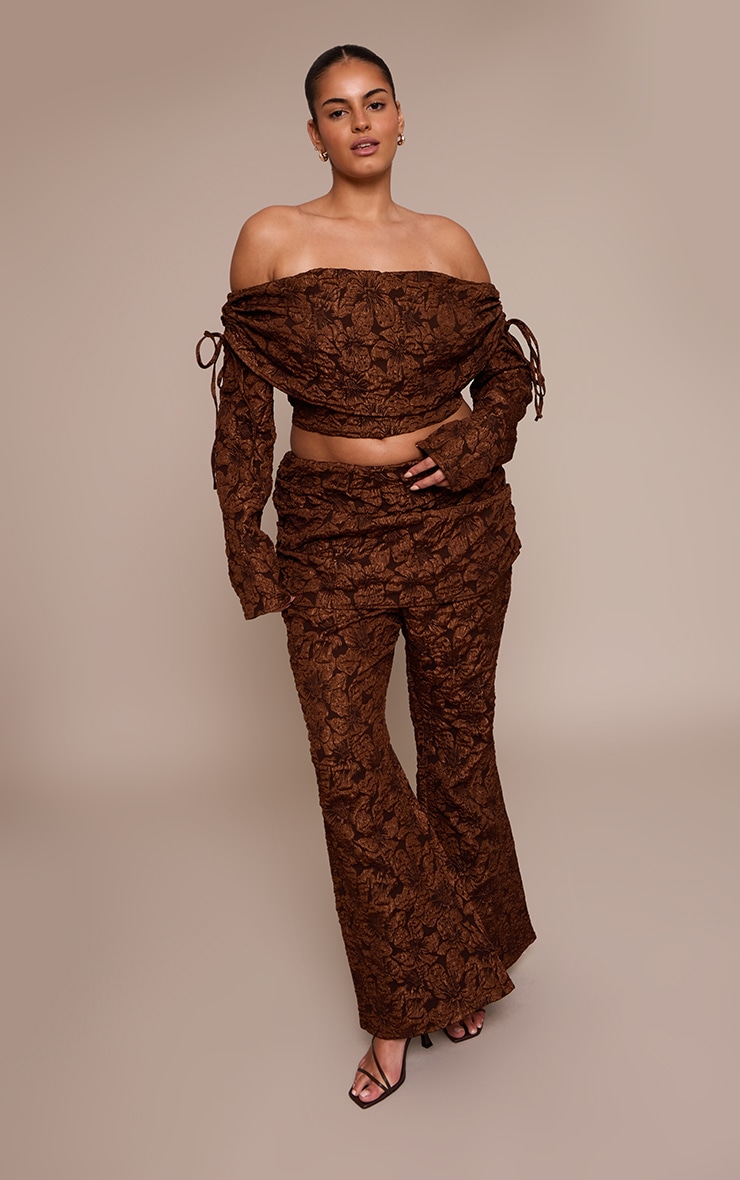 Plus Chocolate Floral Jacquard Fold Over Wide Leg Pants image 1