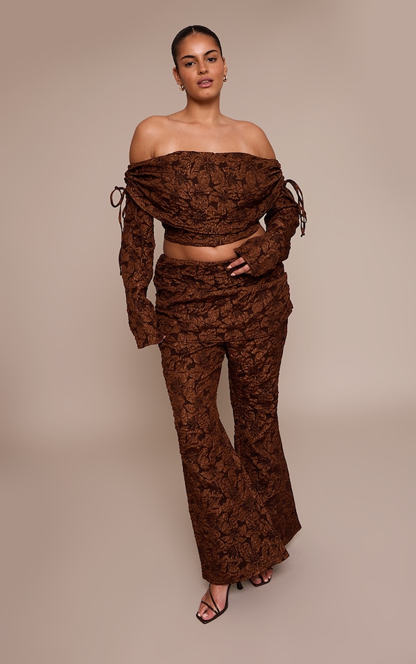 Plus Chocolate  Floral Jacquard Fold Over Wide Leg Pants