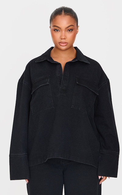 Plus Vintage Black Wash Pocket Detail Open Long Sleeve Shirt