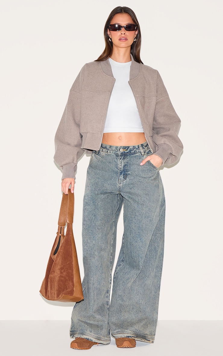 Taupe Ruched Sleeve Cropped Bomber Jacket image 3