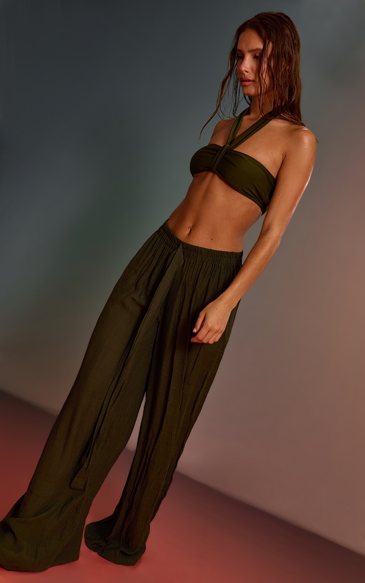 Khaki Linen Look Textured Woven Palazzo Beach Pants image 4