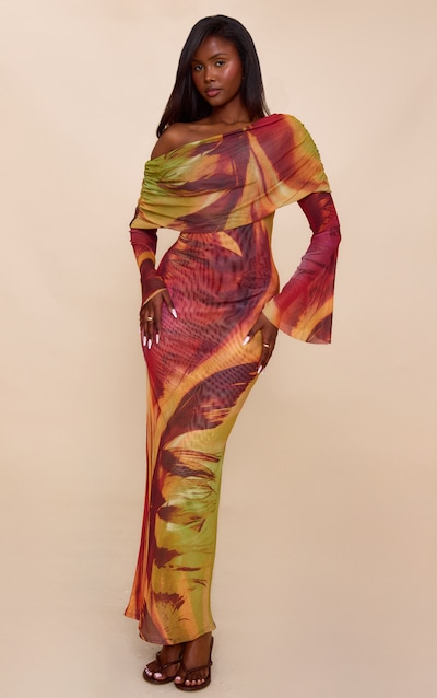 Orange Feather Print Lined Mesh Long Sleeve Maxi Dress