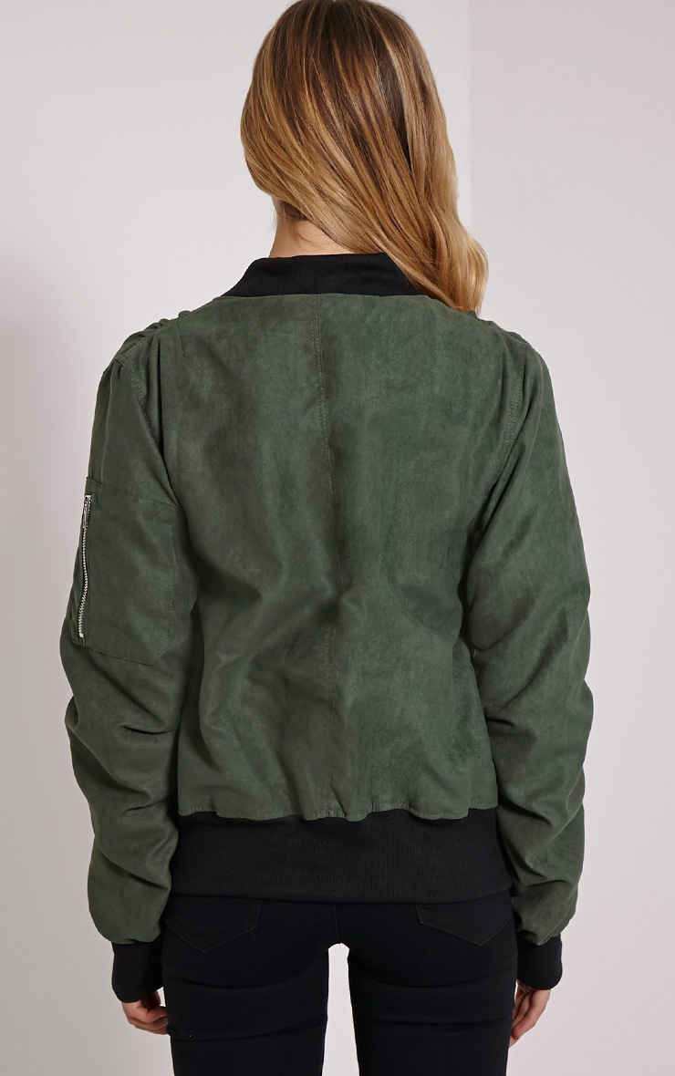 Poppie Khaki Suede Bomber Jacket Knitwear PrettyLittleThing