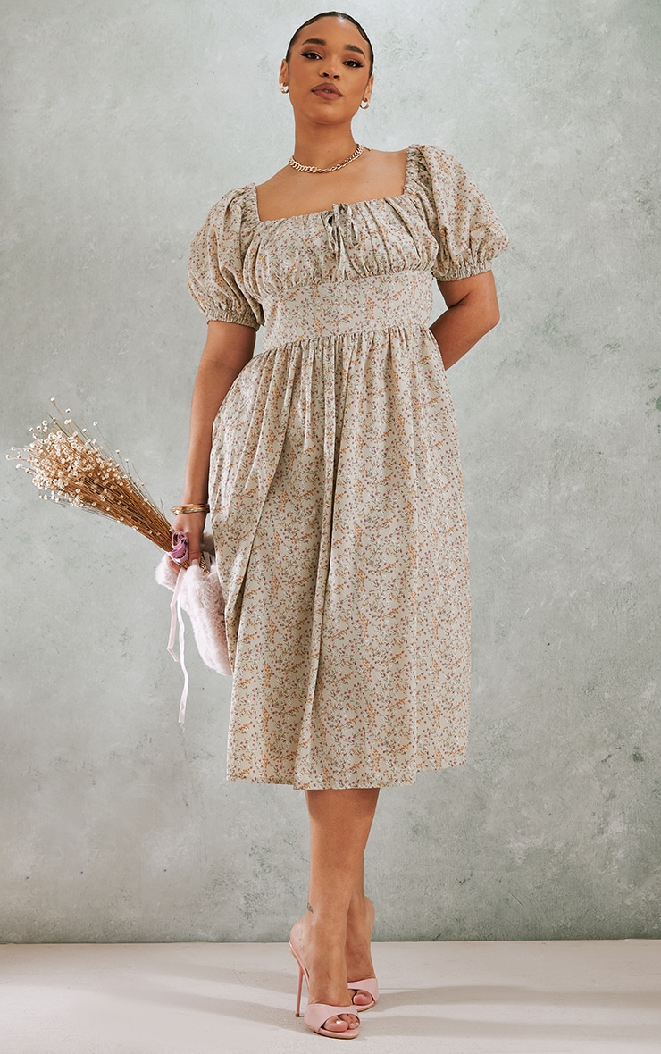 Plus Taupe Ditsy Floral Puff Sleeve Midi Dress image 1