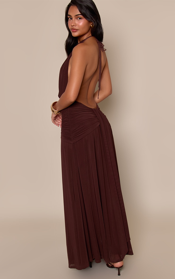 Chocolate Mesh Cowl Neck Ruched Front Maxi Dress image 2