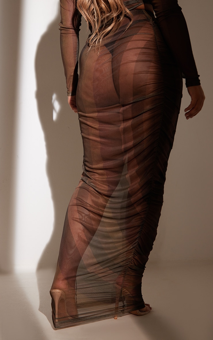  Shape Brown Stripe Print Mesh Ruched Maxi Skirt image 3