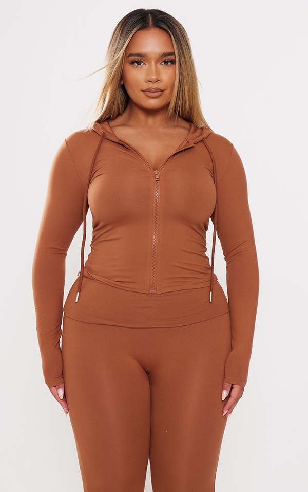 Shape Chocolate Brown Sculpted Zip Through Hoodie PrettyLittleThing
