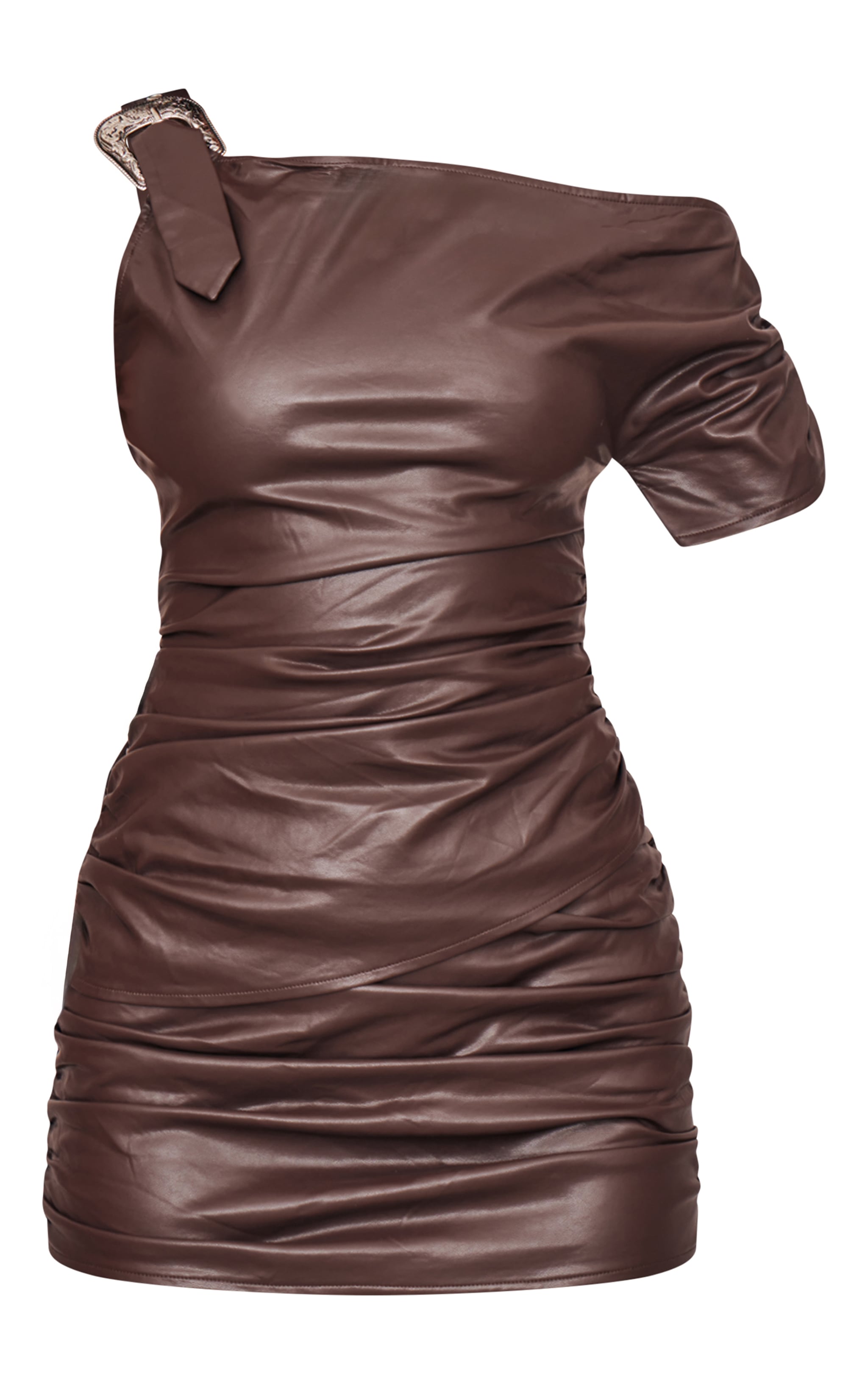 Chocolate Brown Faux Leather Buckle Detail Cowl Neck Top image 5