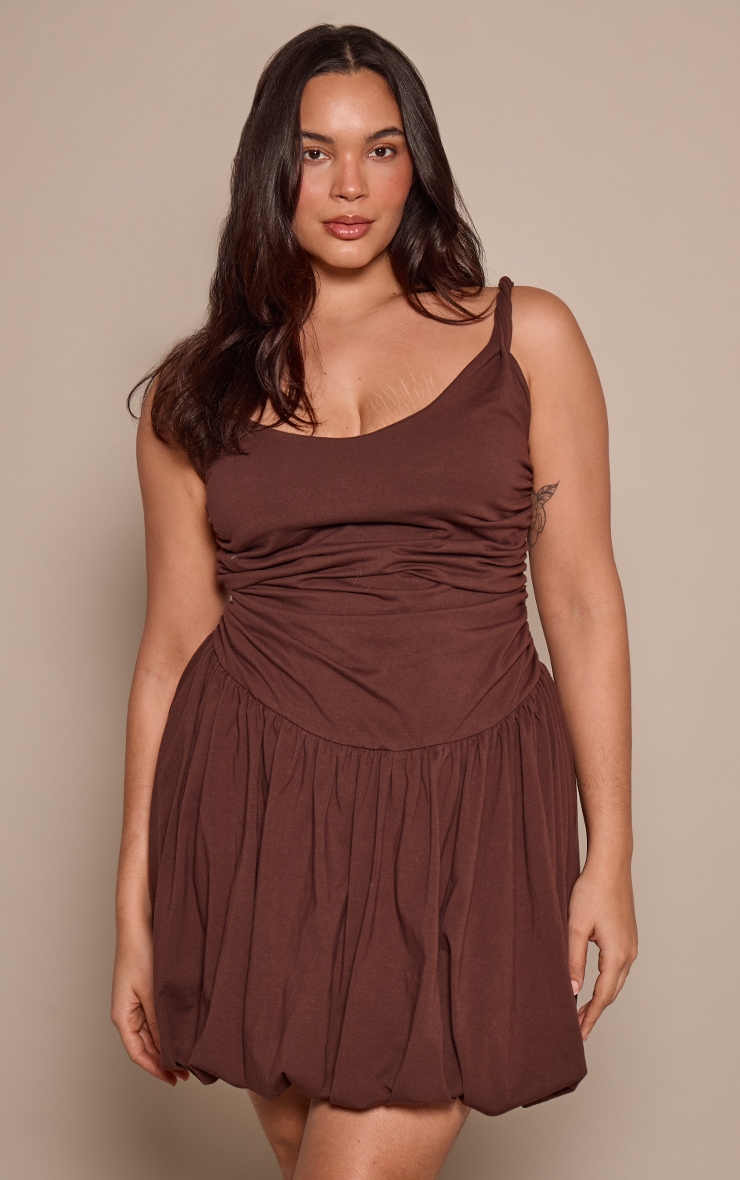 Plus Chocolate Jersey Twist Strap Puff Ball Dress image 1