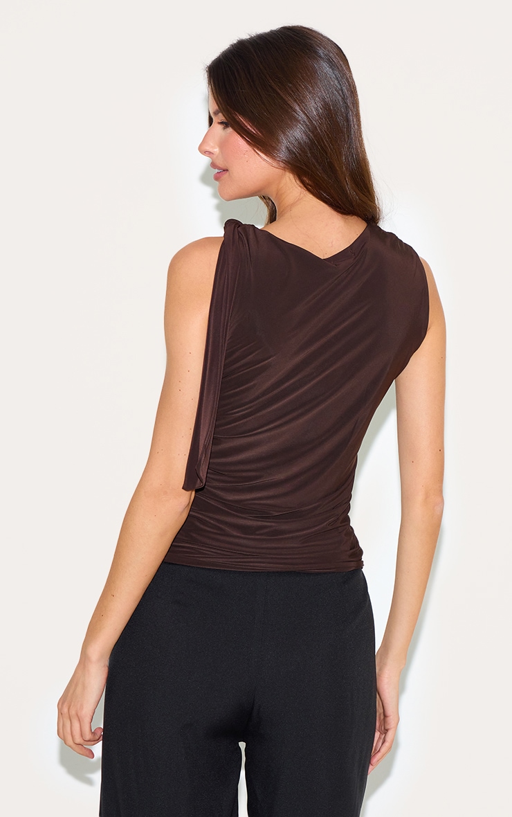 Chocolate Double Layer Slinky Shoulder Tie Detail Top image 2
