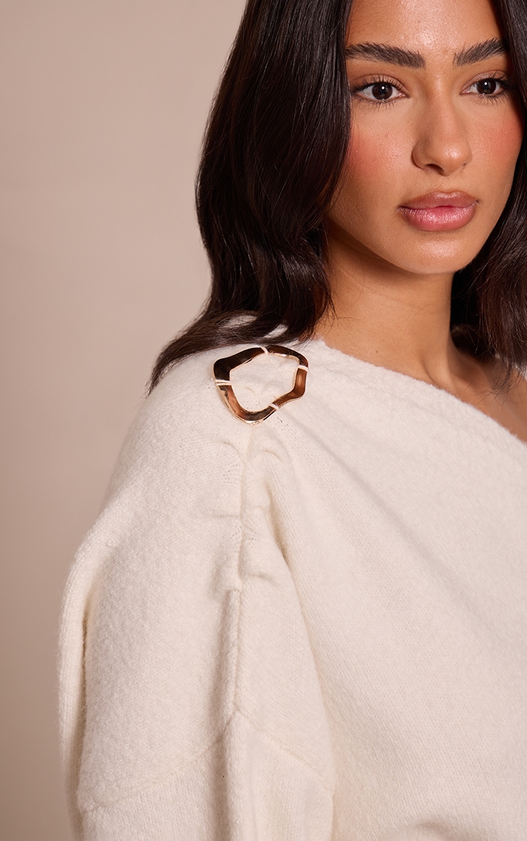 Petite Cream Trim Detail One Shoulder Knitted Sweater image 4