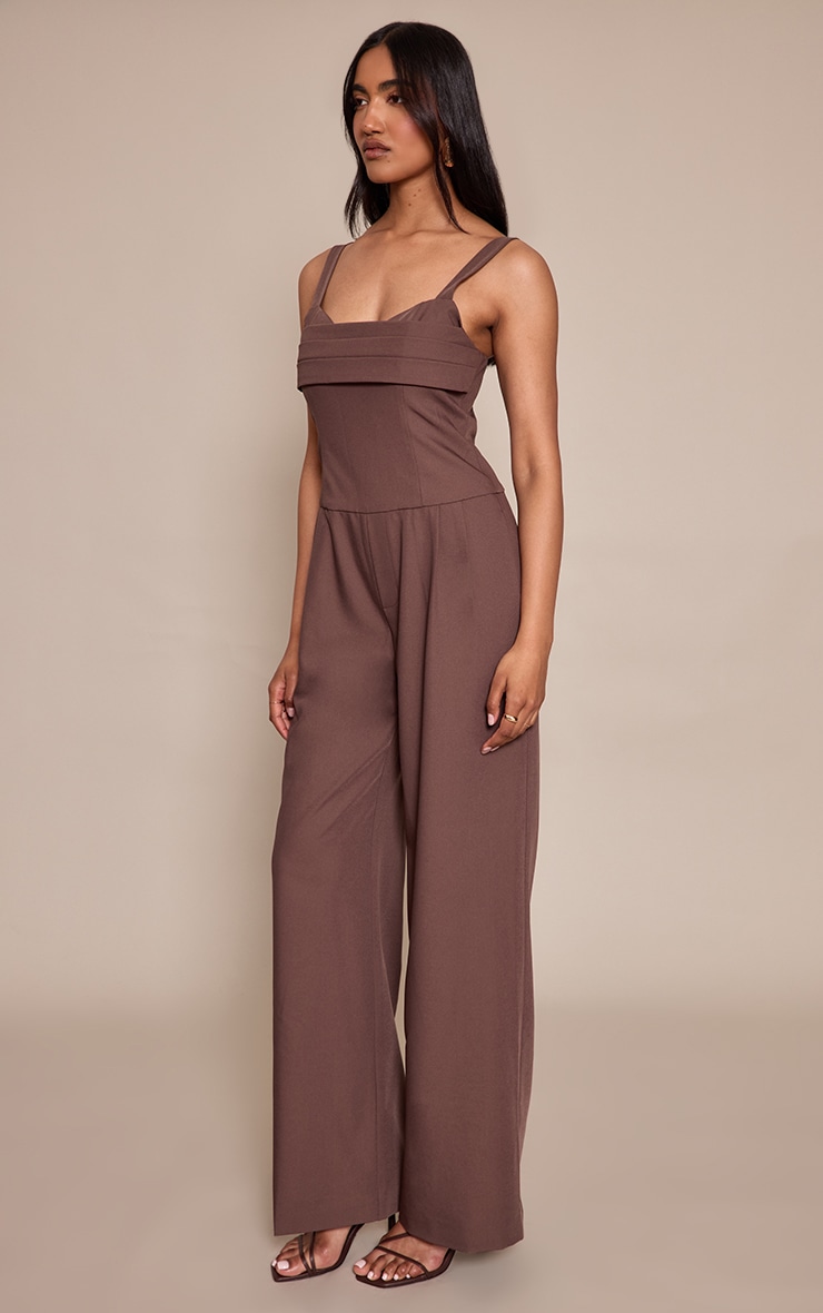 Chocolate Tailored Panel Detail Wide Leg Jumpsuit image 3