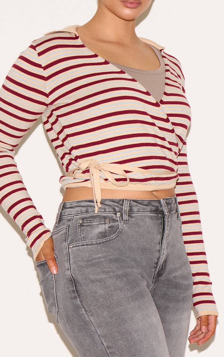 Shape Cream Knitted Striped Tie Waist Collared Sweater image 4
