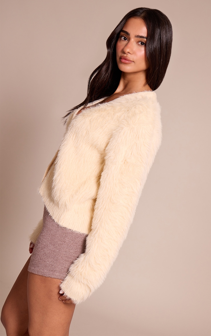 Petite Cream Fluffy Knit V Neck Cardigan image 2