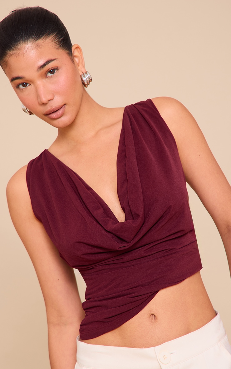 Wine Stretch Chiffon Cowl Neck Long Top image 4