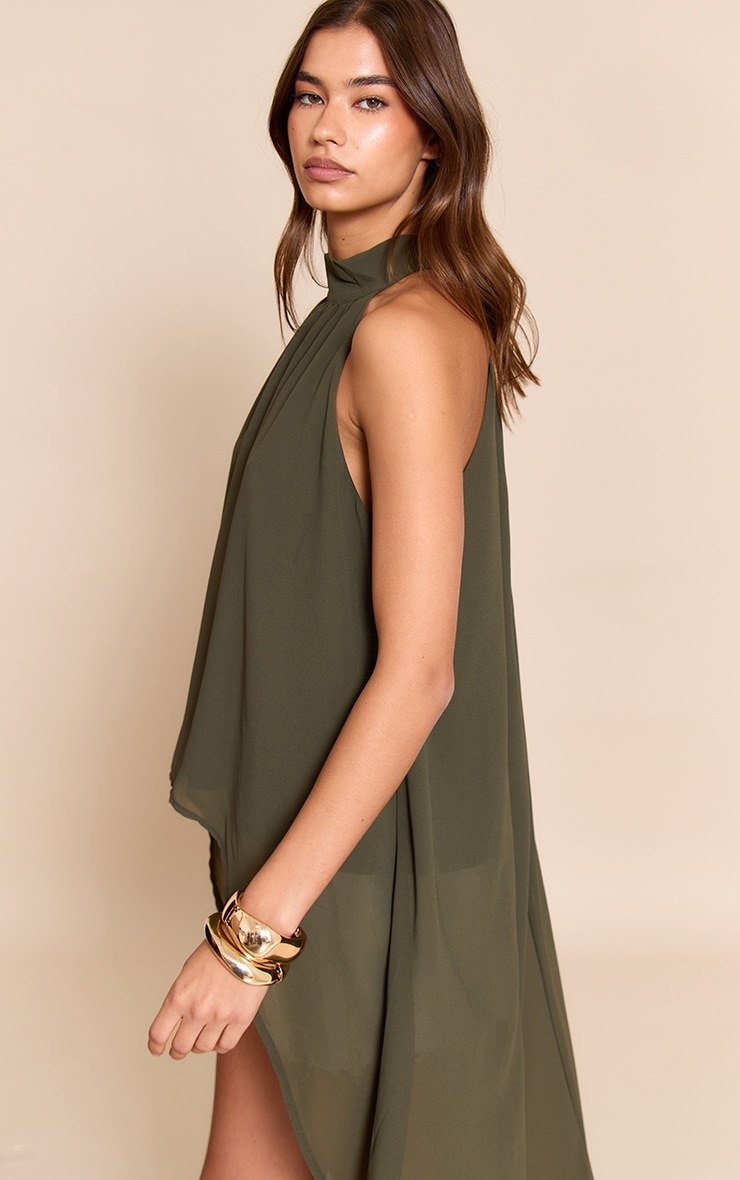 Khaki Chiffon Highneck Extreme Longline Top image 4