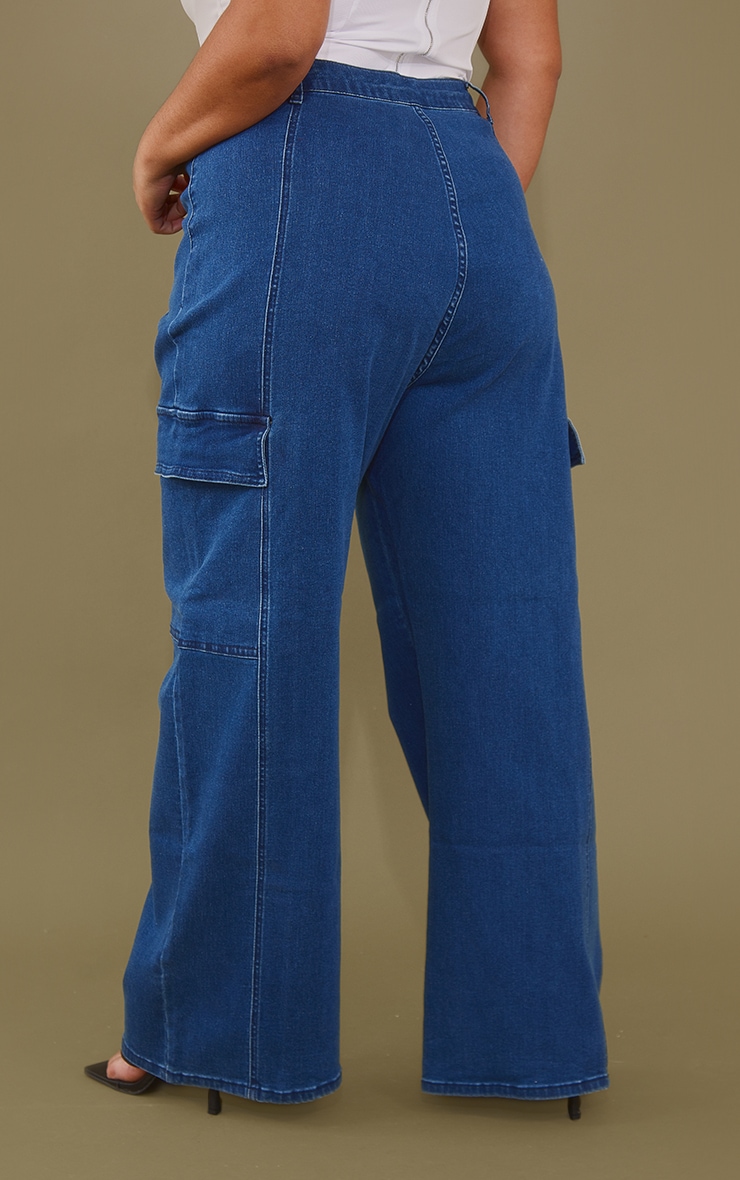Plus Indigo Cargo Wide Leg Jeans Plus Size PrettyLittleThing