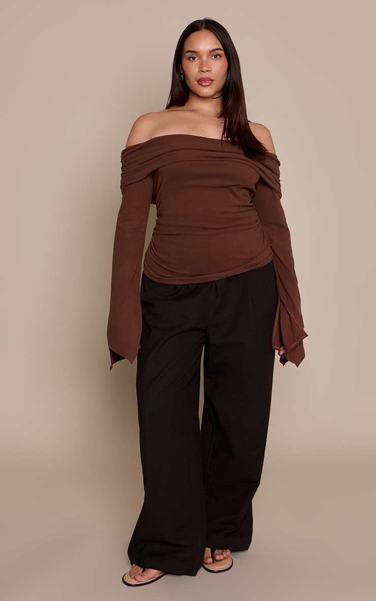Plus Chocolate Bardot Ruched Side Detail Soft Touch Top image 3