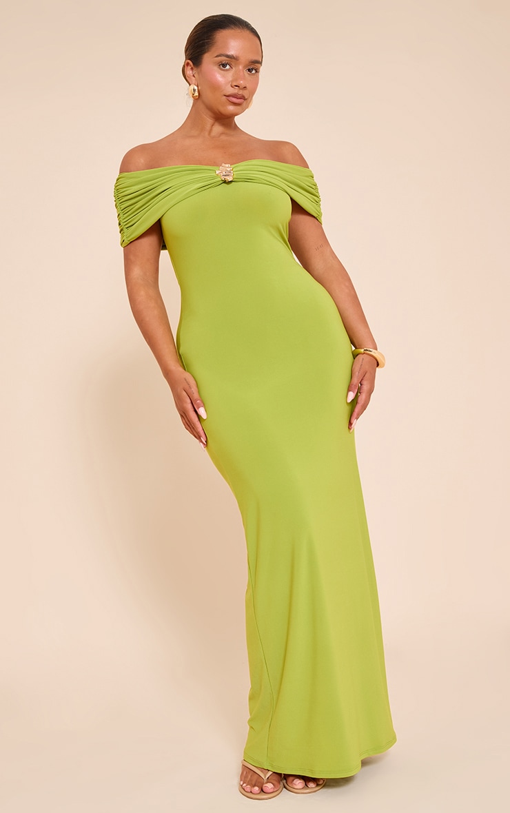 Shape Robe longue vert olive à col bardot replié et empiècement doré image 3