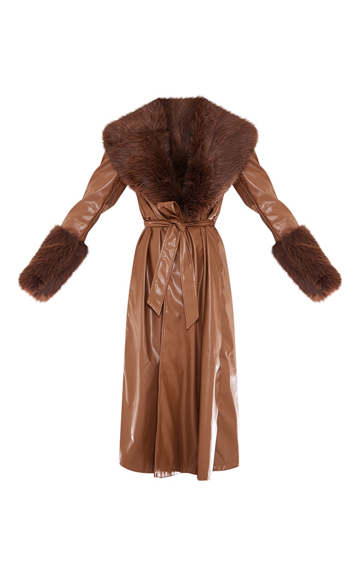 Taupe Faux Fur Trim PU Belted Trench Coat | Outerwear | PLT USA
