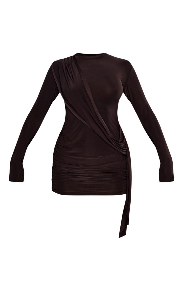 Chocolate Slinky Drape Detail Shoulder Pad Bodycon Dress image 1