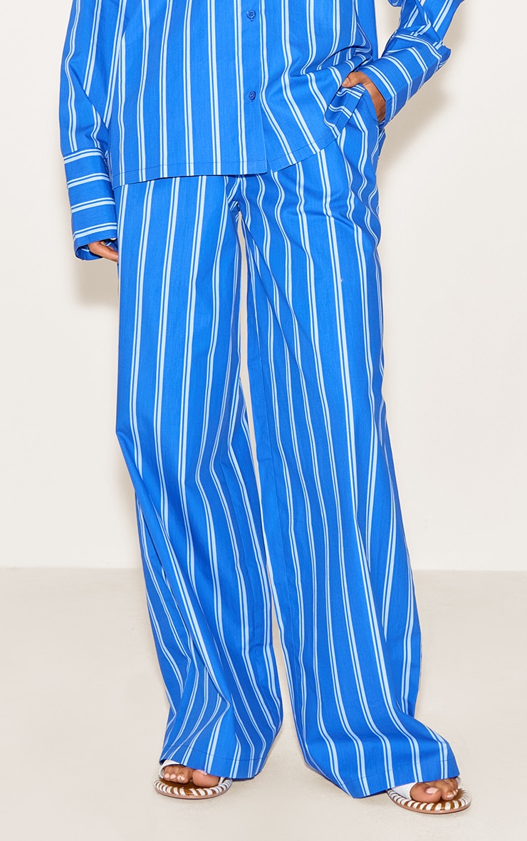 Blue Striped Cotton Poplin Wide Leg Pants image 2
