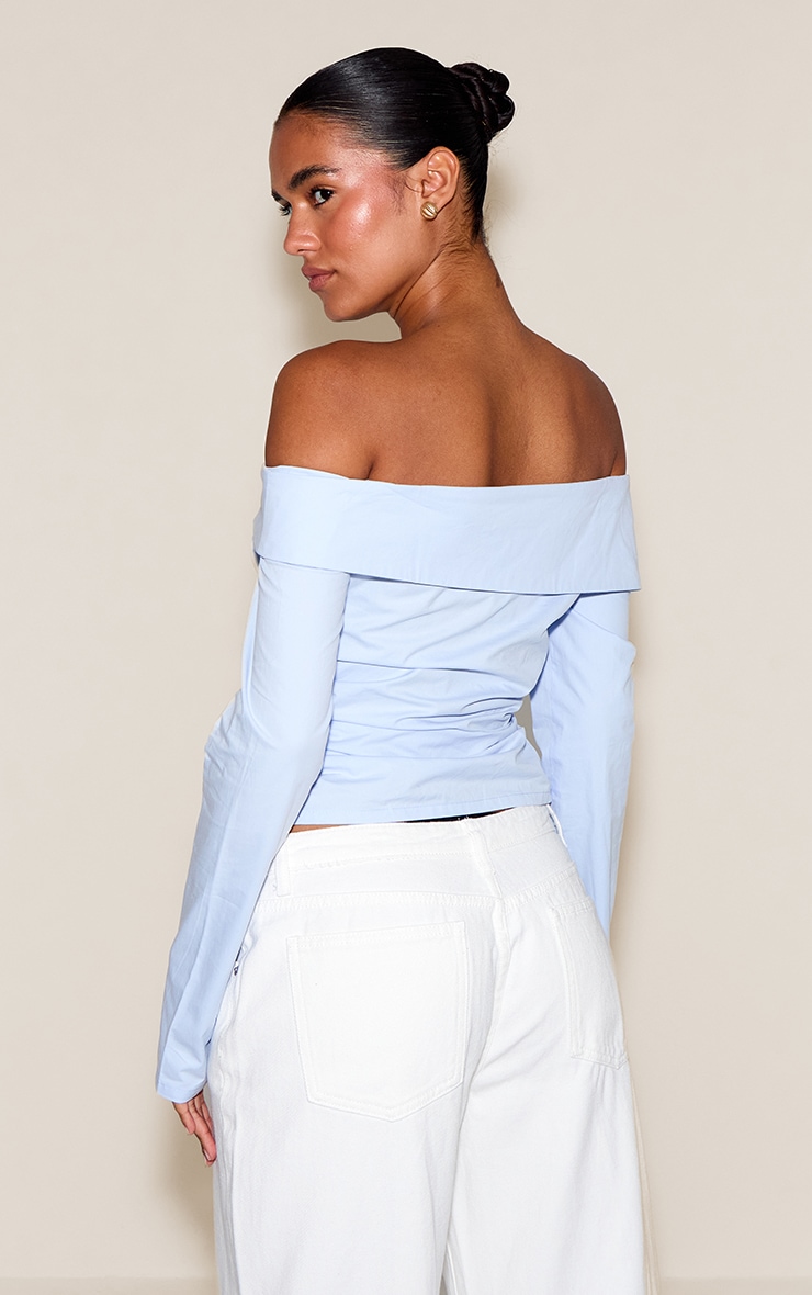 Sky Blue Cotton Ruched Asymmetric Hem Bardot Top image 2