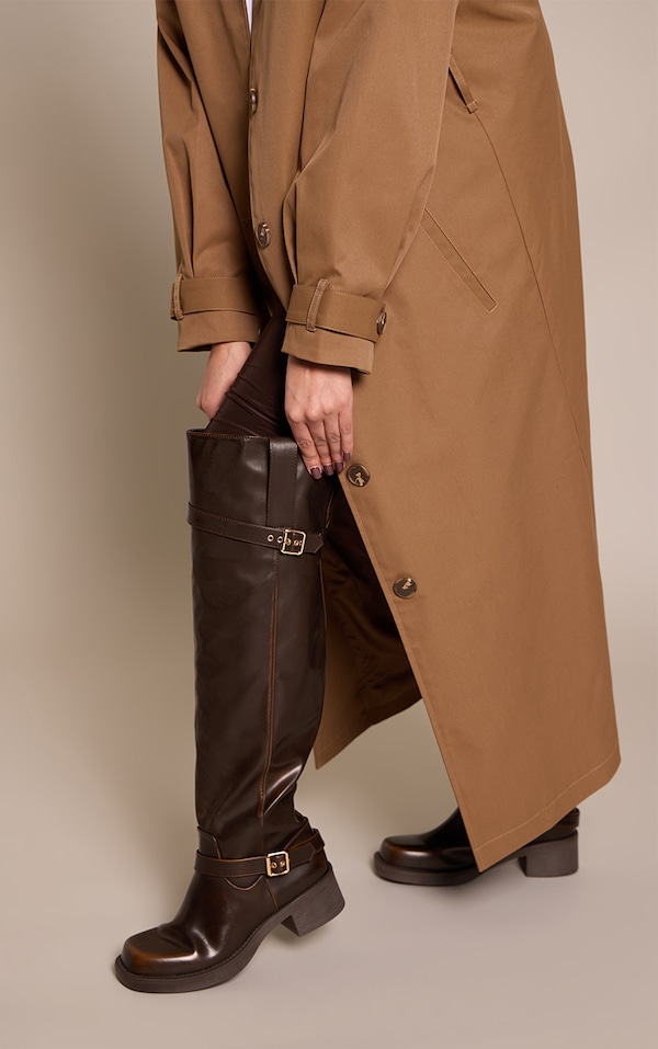 Brown Burnish PU Buckle Detail Over The Knee Boots