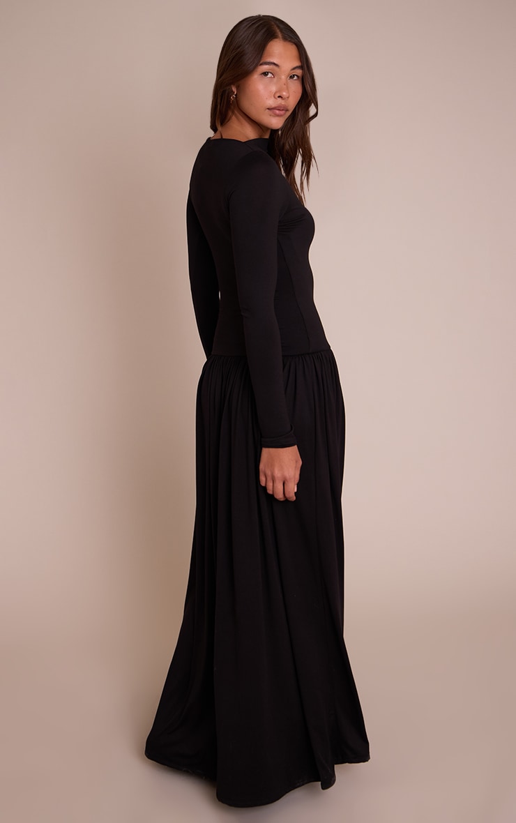 Black Double Layer Jersey Dropped Waist Long Sleeve Maxi Dress image 2