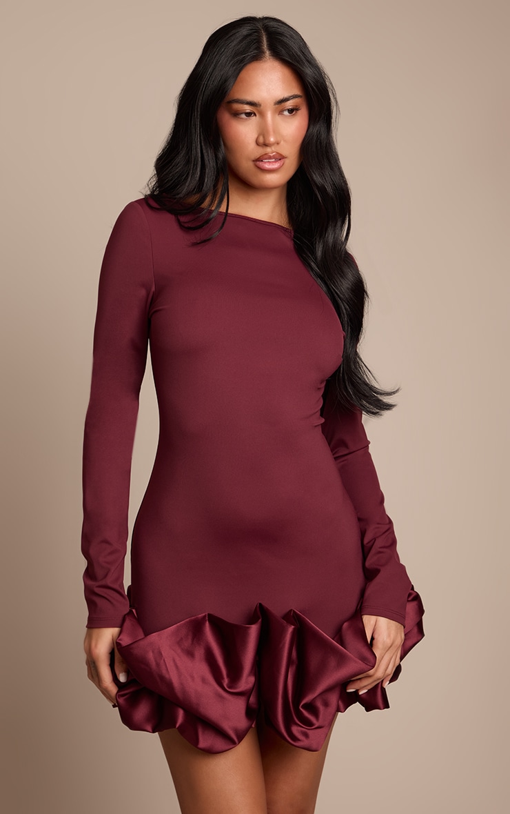 Plum Satin Puffball Bodycon Dress image 1