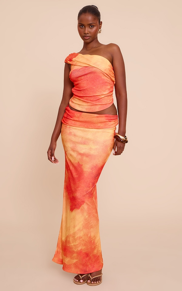 Orange Abstract Print Onion Skin Low Waist Maxi Skirt
