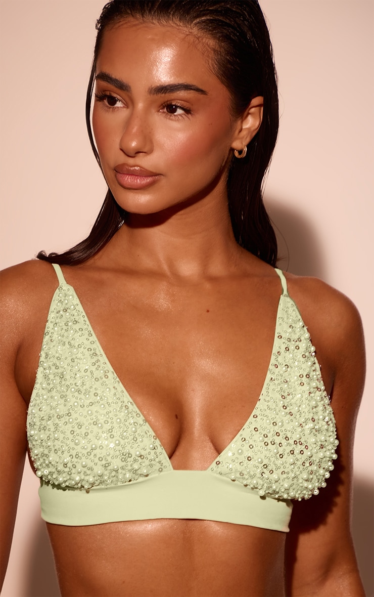 Lime Green Embellished Sequin Bikini Top