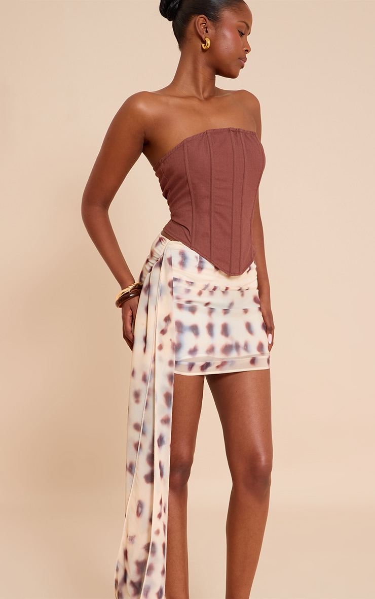 Cream Chiffon Printed Draped Mini Skirt image 4